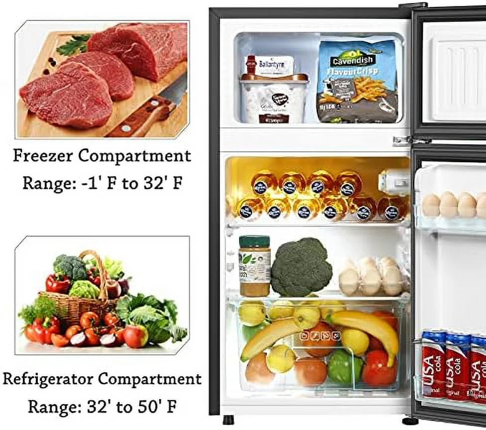 Mini Fridge with Freezer, 2 Door Compact Refrigerator, Low Noise for Bedroom, Dorm, Office (Black) A434