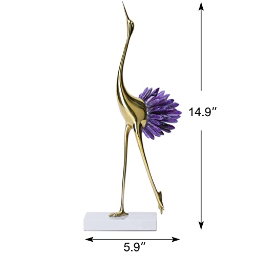 Gold Crane Bird Statue with Crystal Tail Accents, Brass Figurine for Home Decor P83593