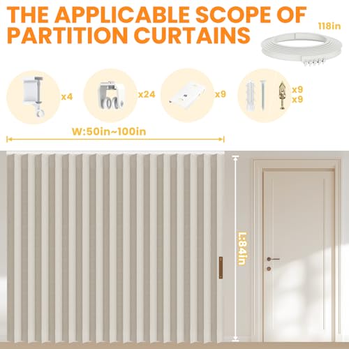 Accordion Room Divider Curtains with Ceiling Track, Grey, W100 x L84 J296