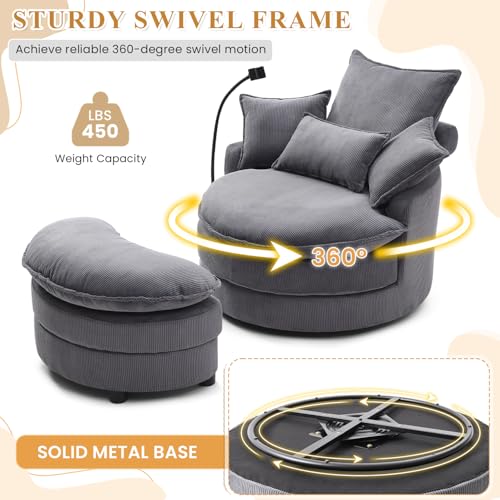 Swivel Accent Sofa Chair with Phone Holder & Storage Ottoman, Corduroy, Beige R7636
