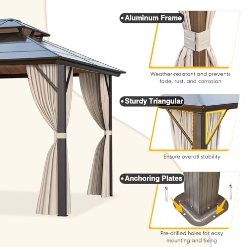 10'x13' Hardtop Gazebo with Polycarbonate Double Roof, Aluminum Frame, Curtains and Netting N263