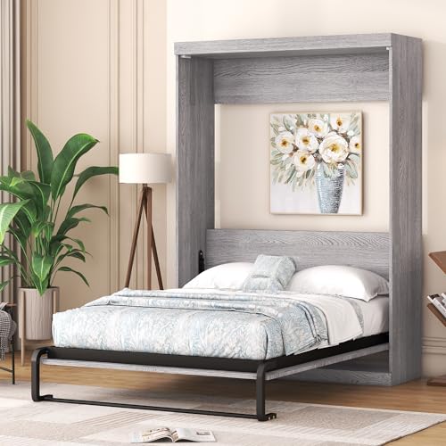 Full Size Murphy Bed Chest,Hidden Cabinet Wall Bed with Shelves & USB Ports,Foldable Wood Platform Bed Frame,Easy Assembly,Space Saving,for Guest Room,Home,Office,Gray