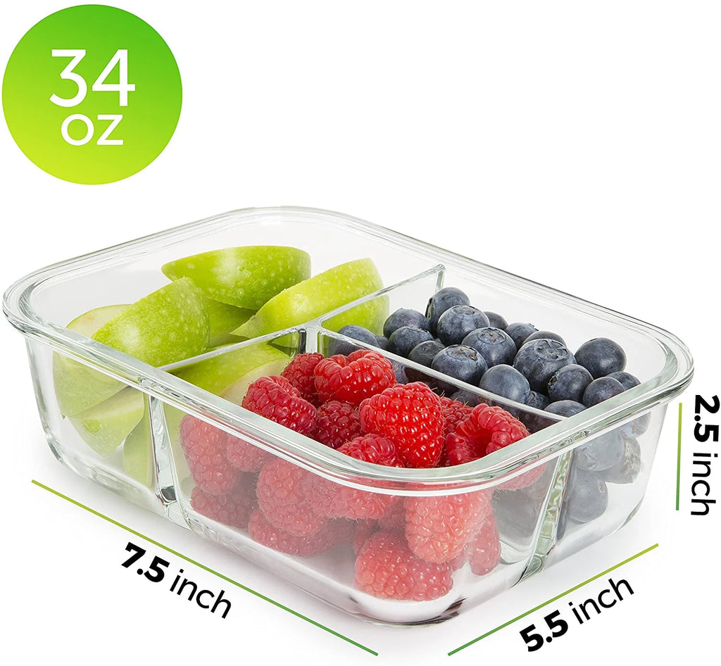 Glass Food Storage Containers, 5 Pack with 3 Compartments Q4636