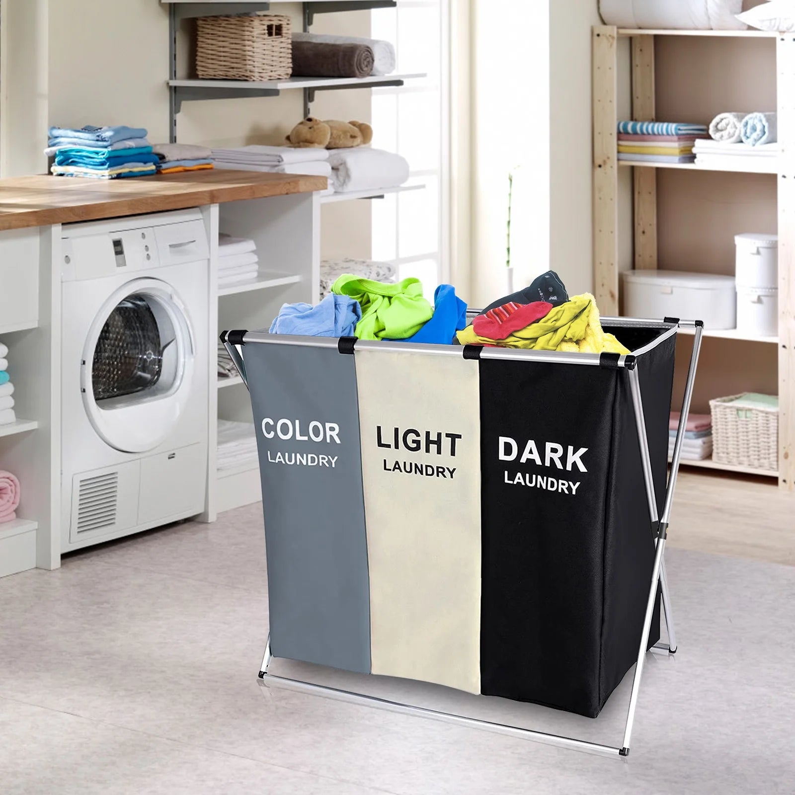 Laundry Hamper Sorter, 145L 3 Section Rolling Laundry Basket with Wheels and Removable Bags B237