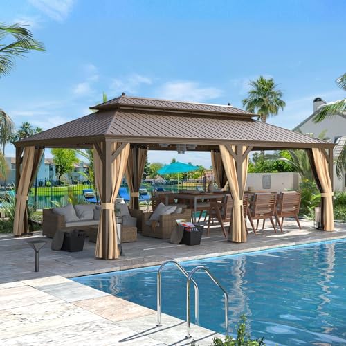 12x16 ft Hardtop Gazebo with Galvanized Steel Roof, Curtains and Netting V821