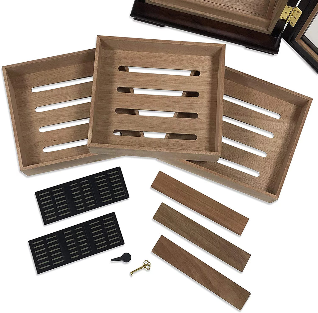 Countertop Cigar Humidor with 4 Glass Sides & Angled Trays, 125 Cigar Capacity W758865