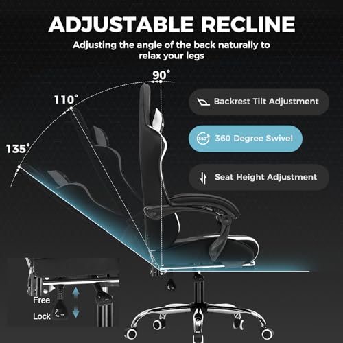Gaming Chair with Footrest and Lumbar Support, Height Adjustable, 360° Swivel, Blue U7447