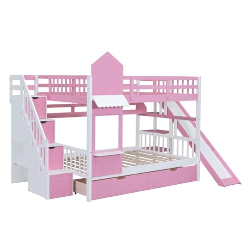 Kids Bunk Bed with Stairs and Slide, Twin Over Twin, Gray E77813