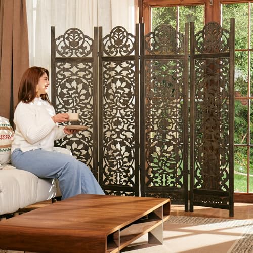 Wood Carved Room Divider 4 Panel Folding Screen Z937290