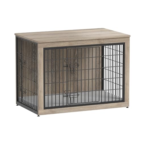 Dog Crate Furniture with Cushion, Heavy-Duty Metal Mesh, Wooden End Table with Double Doors, Indoor Kennel for Small Breed, Grey K856