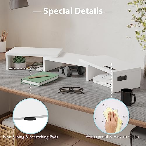 Dual Monitor Stand Riser with Smartphone Holder, Adjustable Wooden Desktop Organizer P70793