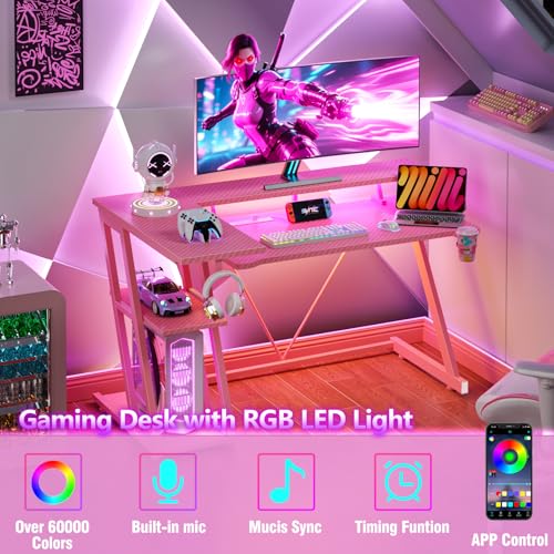 L Shaped Gaming Desk with Power Outlet and LED Lights T64283
