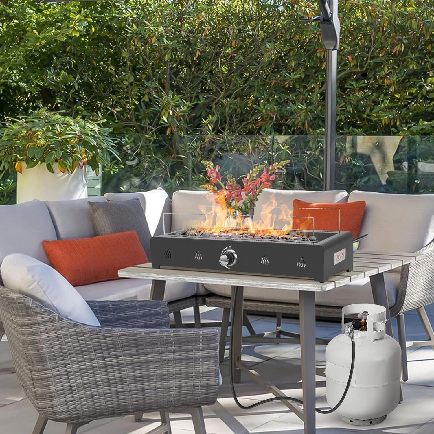 28 Inch Tabletop Gas Fire Pit with Glass Wind Guard and Lava Rock X571184