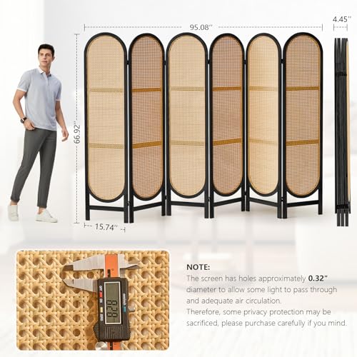 Foldable Wooden Room Divider with Hand-Woven Rattan Panels X6131