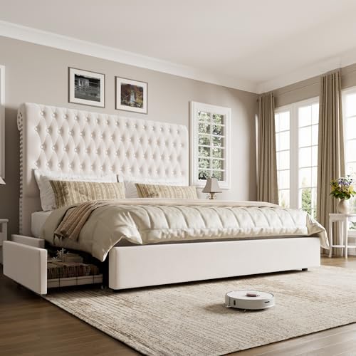 King Size Bed Frame 54" Tall Headboard with Gorgeous Button Tufted and Nail, Velvet Fabric Upholstered Bed Frame includes 4 Under-bed Storage Drawers, Wooden Slats, Noise-Free, Easy Assembly, Beige