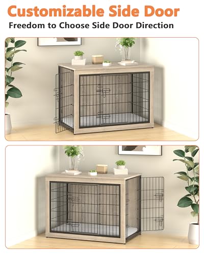 Dog Crate Furniture with Cushion, Heavy-Duty Metal Mesh, Wooden End Table with Double Doors, Indoor Kennel for Small Breed, Grey K856