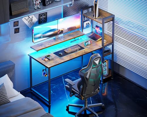 Reversible Gaming Desk with USB Charging Port and LED Lights, 40 Inch Computer Desk with Storage Shelves C134