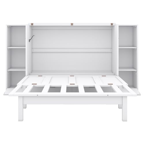 Murphy Bed Chest with Shelves, Foldable Wood Platform Bed Frame I45495