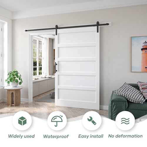White Barn Door with Sliding Hardware Kit, 7FT, 5-Panel K864232