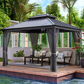10 x 12 ft Hardtop Gazebo with Netting and Curtains, Double Roof Metal Canopy for Patio I7305