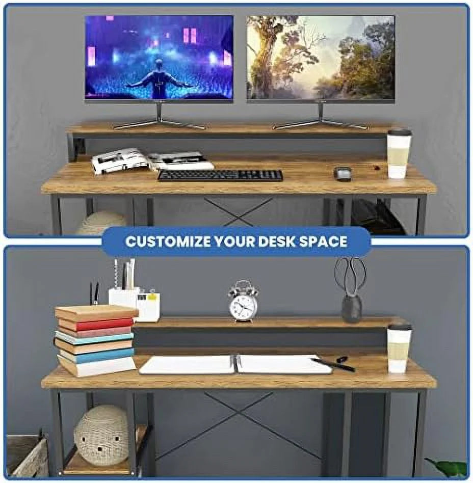 Industrial Computer Desk with Monitor Shelf, 55 Inch, Walnut and Black G1348