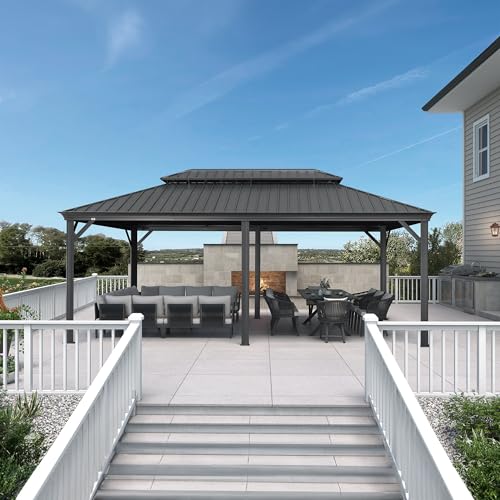 10' x 14' Permanent Hardtop Gazebo with Galvanized Steel Double Roof, Curtains and Netting Included M96664