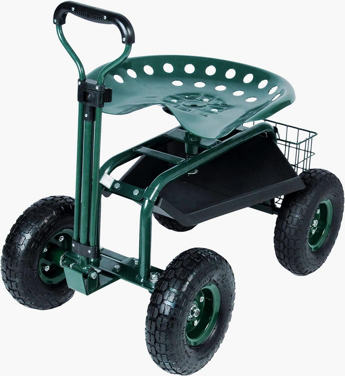 Steerable Garden Stool Cart with Tool Tray and Storage Basket on Wheels Rolling Work Seat Heavy Duty Scooter with Extendable Steer Handle Green