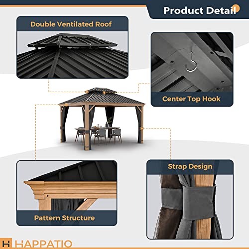 10 x 12 ft Hardtop Gazebo with Netting and Curtains, Double Roof Metal Canopy for Patio I7305