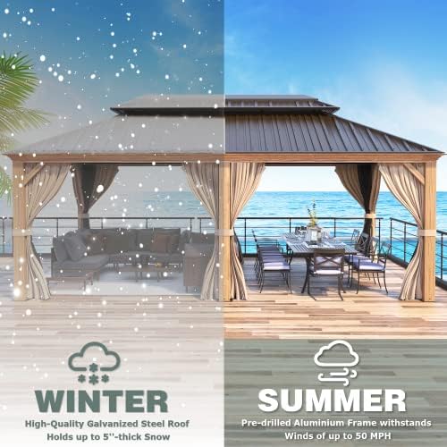 12x16 ft Hardtop Gazebo with Galvanized Steel Roof, Curtains and Netting V821