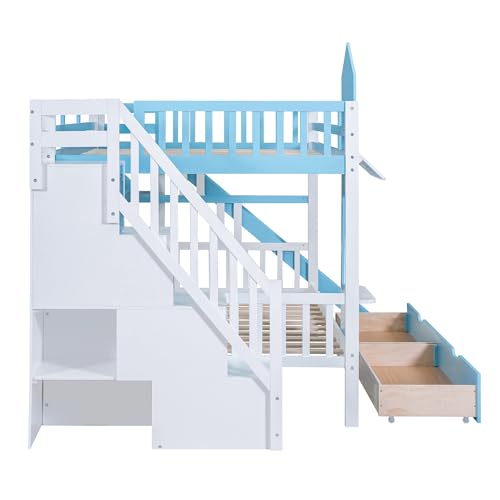 Twin Over Twin Bunk Bed with Stairs and Slide, Solid Wood Frame with Storage Y2445