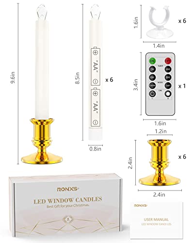 Flameless Taper Candles with Timer and Remote, LED Flickering Candles with Gold Holders, 6-Piece Set B490