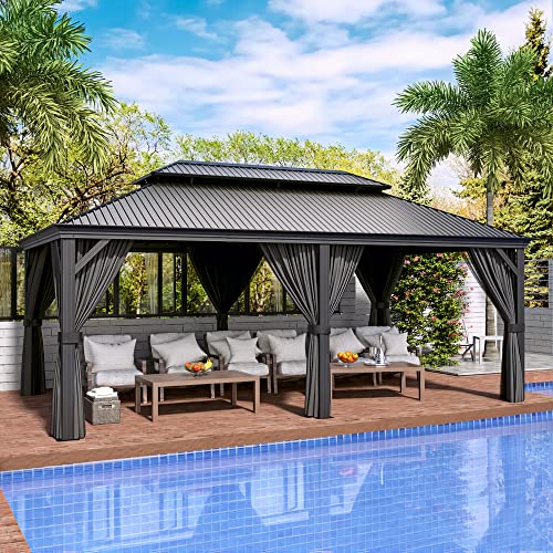 10 x 12 ft Hardtop Gazebo with Netting and Curtains, Double Roof Metal Canopy for Patio I7305