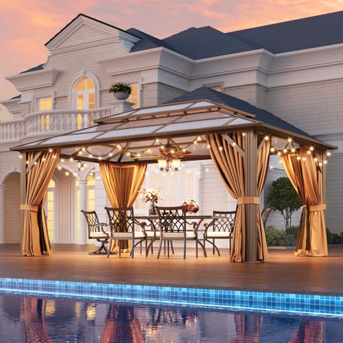 12x16 Hardtop Gazebo with Netting and Curtains, Aluminum Frame, Polycarbonate Roof N71921