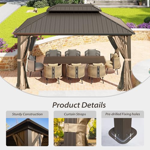 10 x 10 ft Hardtop Gazebo with Netting and Curtains, Galvanized Steel Roof for Patio and Garden X50618