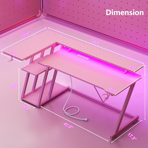 L Shaped Gaming Desk with Power Outlet and LED Lights T64283