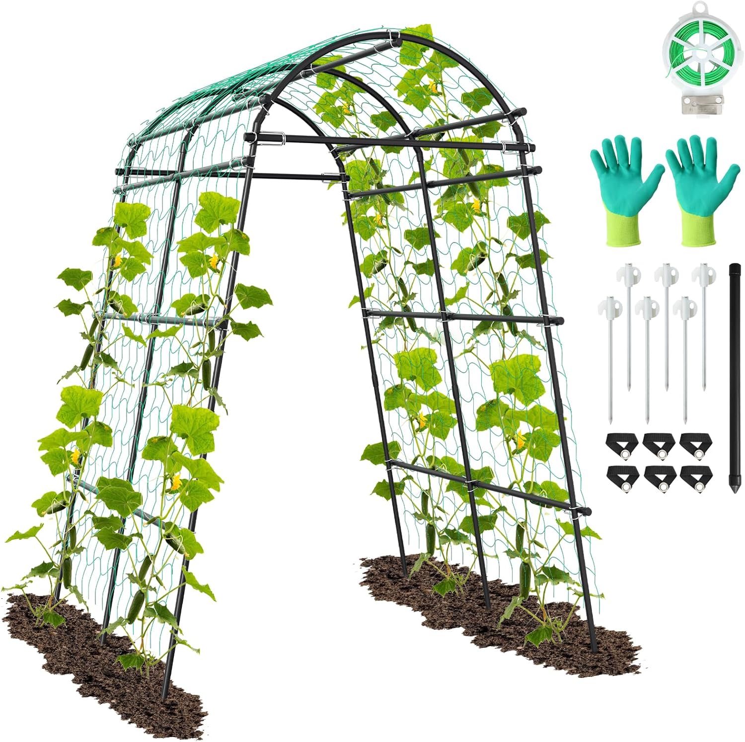 Garden Arch Trellis for Climbing Plants Outdoor - Extra 7 Ft Tall Arch Tunnel Arbor, Metal Gardening Trellis Archway with Mounting Clips and Nylon Net for Vegetables, Fruits, Flowers Yard Lawn