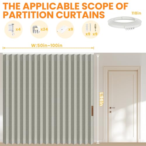 Accordion Room Divider Curtains with Ceiling Track, Grey, W100 x L84 J296