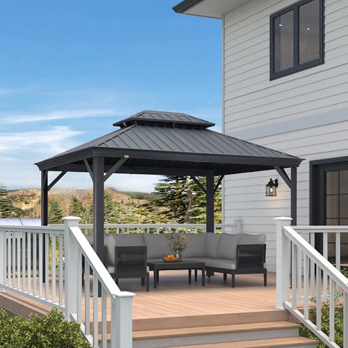 10' x 14' Permanent Hardtop Gazebo with Galvanized Steel Double Roof, Curtains and Netting Included M96664
