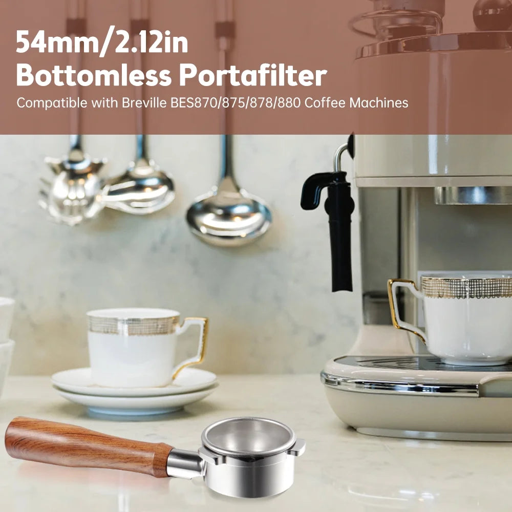 54mm Stainless Steel Bottomless Portafilter with Wood Handle, Filter, Basket, Spoon, and Brush G8121