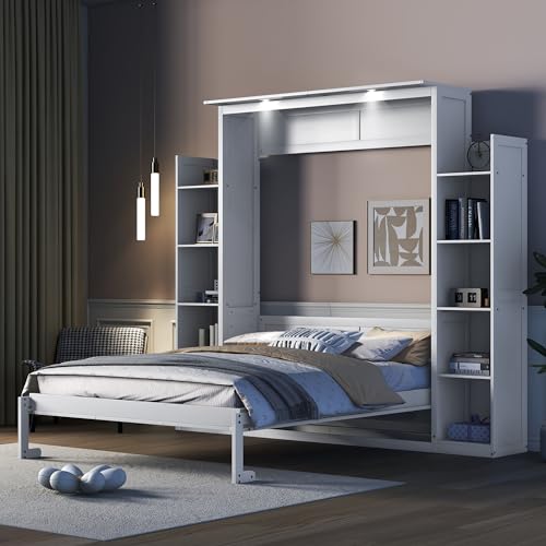 Queen Size Murphy Bed with Cabinet and LED Lights W119811