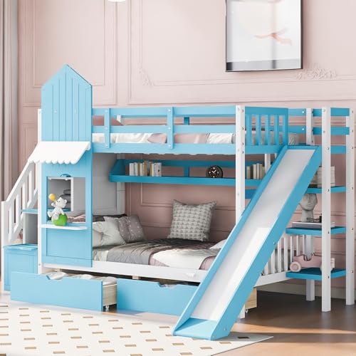 Twin Over Twin Bunk Bed with Stairs and Slide, Solid Wood Frame with Storage Y2445