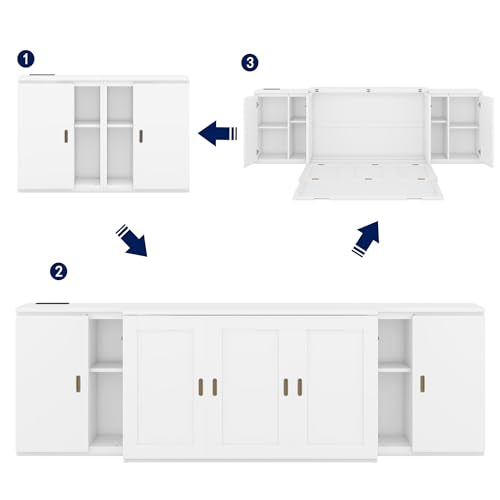 Murphy Bed Chest with Shelves, Foldable Wood Platform Bed Frame I45495
