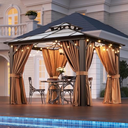 12x16 Hardtop Gazebo with Netting and Curtains, Aluminum Frame, Polycarbonate Roof N71921