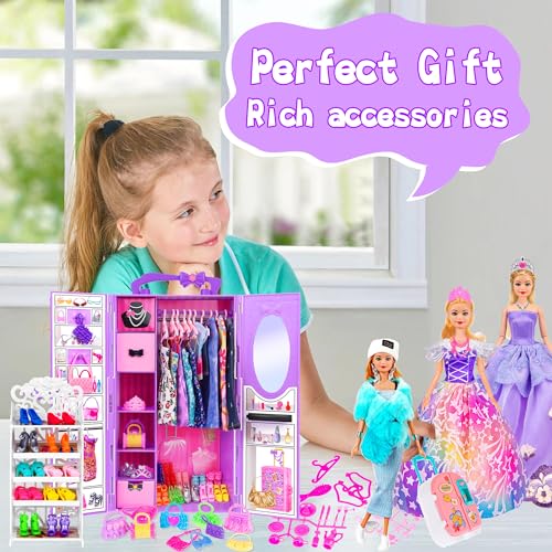 105 Pcs Doll Wardrobe Playset with Doll, Clothes, Shoes and Hangers N690