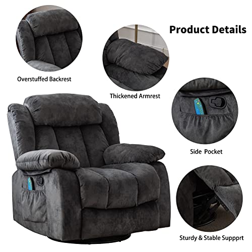 Massage Swivel Rocker Recliner Chair with Heat and Vibration, 360 Degree Swivel Manual Recliners, Grey Y4896