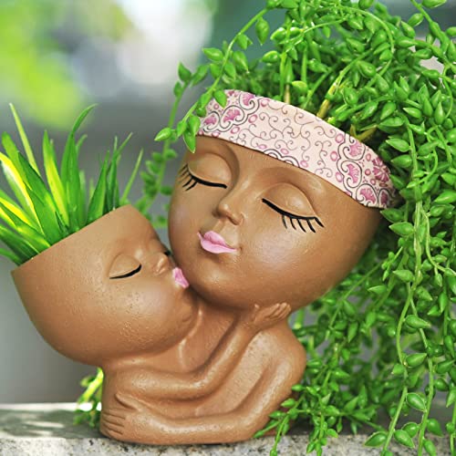 Head Planter Mother and Child Resin Flower Pot with Drainage Hole F9184
