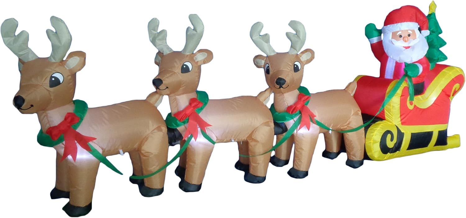 8 Foot Long Christmas Inflatable Santa Claus on Sleigh with 3 Reindeer and Christmas Tree LED Lights Outdoor Indoor Holiday Decorations Blow up Lawn Inflatables Home Family Decor Yard Decoration