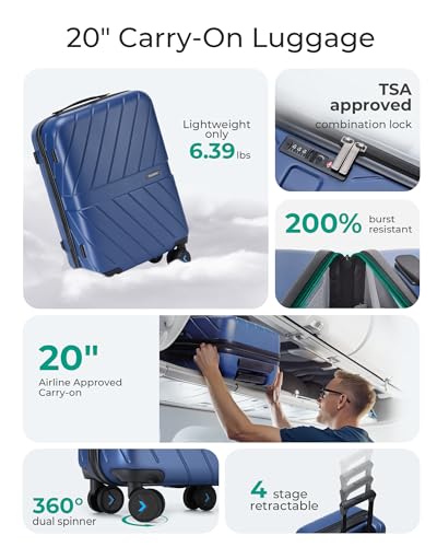 Carry On Luggage 22x14x9 with TSA Lock, Hardside Spinner Suitcase 20 inch Black P3277