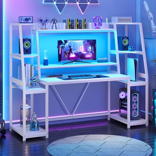 Gaming Desk with LED Lights, Hutch and Storage Shelves, Black R364