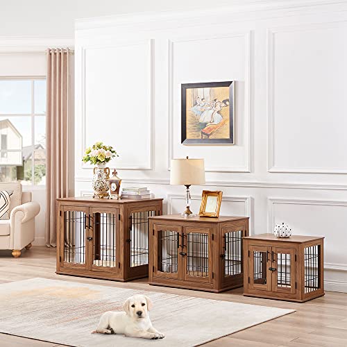 Wooden Dog Crate End Table with Double Doors and Pet Bed T245171